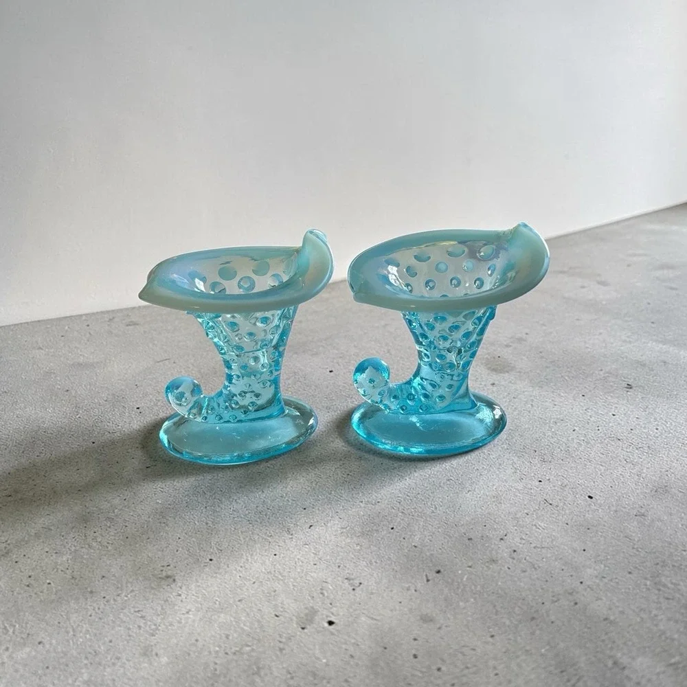 Vintage Fenton Blue Opalescent Hobnail Cornucopia Vase/Candle Holder Set #11
